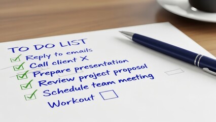 Close-up of to-do list with completed tasks and pen on desk for Work Harder Day
