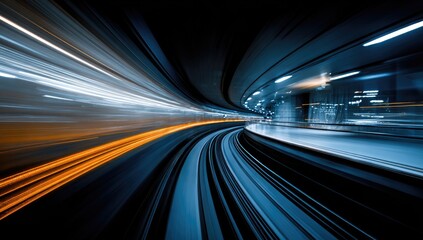Abstract depiction of high-speed transit, captured with motion blur, featuring vibrant streaks of light