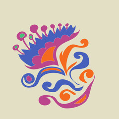 Stylized colored  leaves, flower, spirals. Hand drawn.