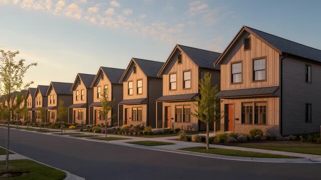 Row of modern suburban houses along quiet residential street at sunset with clean architecture depth perspective and welcoming neighborhood feel