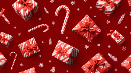 Red christmas background with candy cane and gift box seamless pattern of candy cane and gifts on red background Christmas wrapping paper Xmas pattern with ornaments Stock Illustration