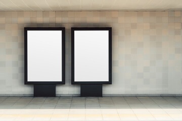 Two blank advertising lightbox mockups on tiled wall in subway corridor, minimalist indoor background with empty poster frames and large copy space area on the right