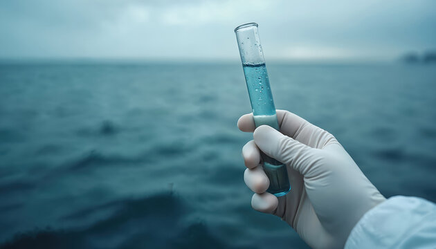 Scientist in white glove holds test tube with water sample near sea. Collecting fluid for lab analysis or research. Environmental testing, marine study. - Powered by Adobe