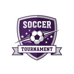 Obraz premium Dynamic soccer tournament emblem with a fierce soccer ball and playing field