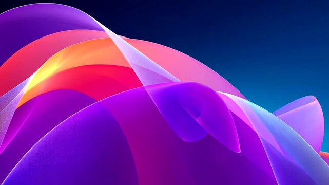 Abstract colorful translucent flowing waves and ribbons on a dark blue background