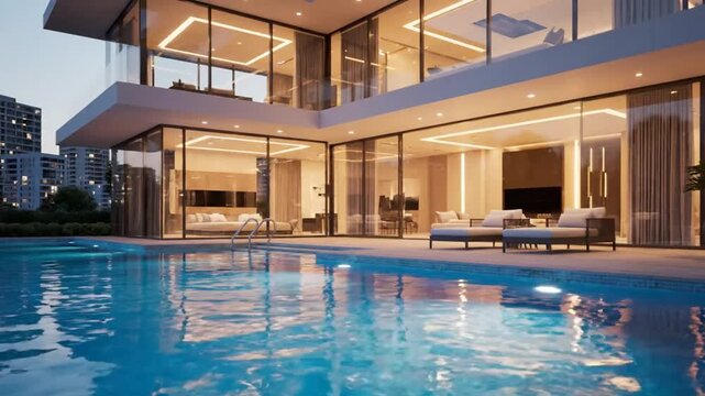 Modern luxurious house with illuminated interior and outdoor swimming pool at