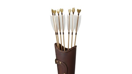 Quiver of arrows ready for archery or aiming. The leather quiver holds arrows with feathered fletching and golden arrowheads