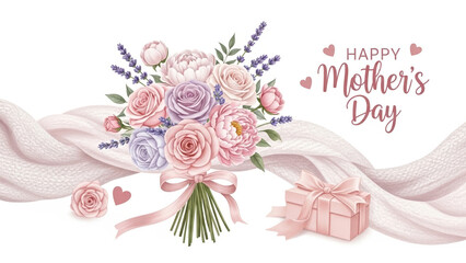 Elegant Mother&rsquo;s Day Floral Bouquet with Gift Boxes and Soft Fabric Drapery in Pastel Romantic Greeting Design