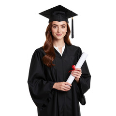 Smiling young woman wearing a black graduation cap and gown holds a rolled diploma against a transparent background