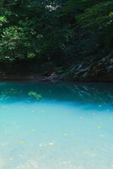 clear blue water in a mountain lake among rocks in the forest