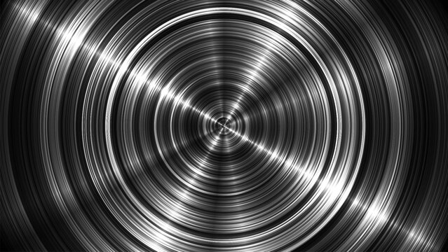 Circular metal structure with dynamic anisotropic highlights. Radial brushed metal surface with flowing light reflection. Futuristic metallic background inspired by engineering and industrial material