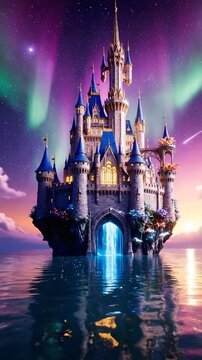 Castle stands by water under colorful lights in a fantasy landscape at night