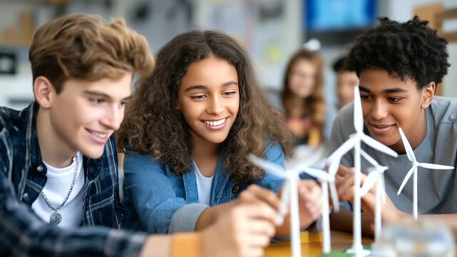 Faceless group of multiethnic teenagers collaborating on science project, assembling wind turbine models discussing renewable energy in classroom, defocused educational materials,