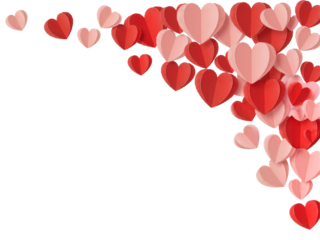 Whimsical Cascade: A Diagonal Shower of Layered Paper Hearts in Blush, Pink, and Crimson