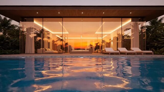 Relaxing sunset view over luxurious modern villa by the poolside with warm