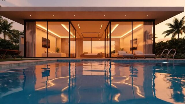 Luxury modern villa with indoor-outdoor living space and swimming pool at sunset