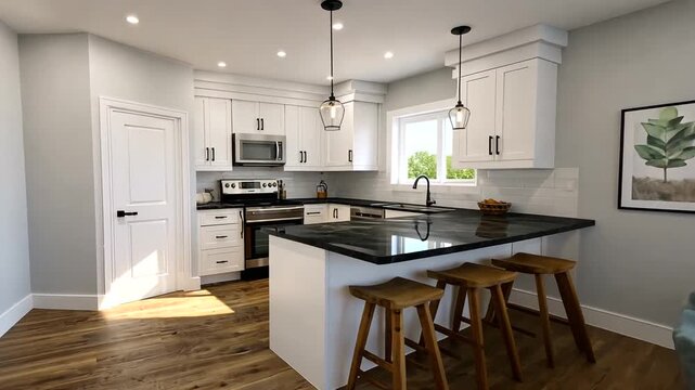 A modern kitchen with white cabinets, dark countertop, wooden stools, dining table and artwork