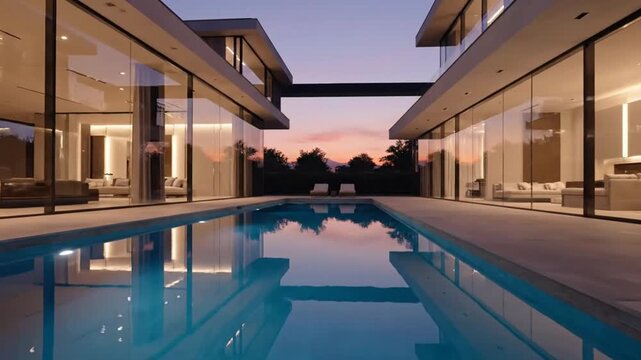 Luxurious modern house with illuminated glass walls and serene poolside sunset