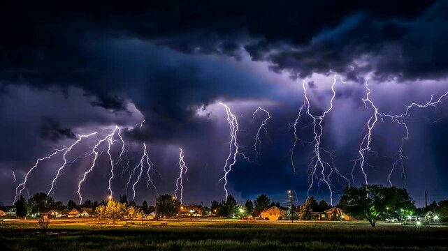 A dramatic nighttime scene of lightning strikes illuminating a neighborhood under dark storm clouds