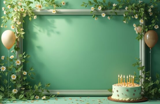 Green background frames celebration scene with birthday cake, balloons. Delicate floral vines climb white border, offering ample copy space for festive greetings. Joyful party setting feels fresh, - Powered by Adobe