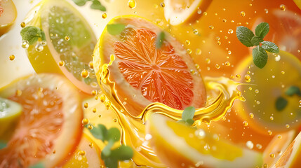 Spiral citrus splash: vibrant vortex of floating fruit in motion