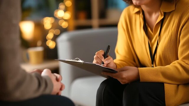 Therapeutic session in comfortable room with counselor client interaction faceless therapist patient defocused warm environment background psychotherapy consultation mental