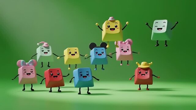 Colorful Keycaps Characters Dancing on Green Background A Cheerful Animation.