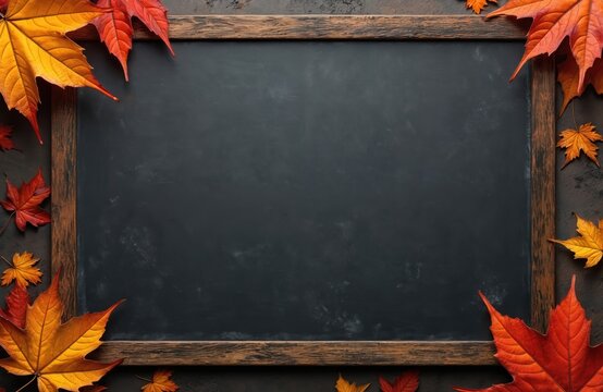Empty chalkboard framed by colorful autumn maple leaves. Copy space for text on blackboard, good for education, seasonal announcements, or back to school themes. - Powered by Adobe