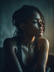 Primer plano de perfil de mujer de piel oscura cubierta de sudor, Retrato de una atleta afroamericana con trenzas y la piel brillante, Imagen para editorial sobre el esfuerzo y la superaci&oacute;n personal