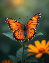 Fototapeta premium Orange butterfly rests on green plant stem. Delicate wings show detailed patterns. Nearby bright yellow flower blooms. Shallow focus blurs background.