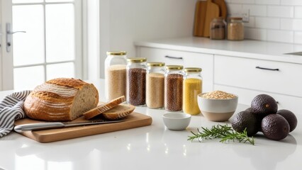 Healthy kitchen ingredients on white countertop with bread and avocado for National Gluten-Free Day
