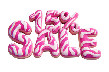 Pink and white zebra pattern text 15% SALE isolated on transparent background, png cutout. Design for sale, promotion, advertising, special offer, black Friday.

