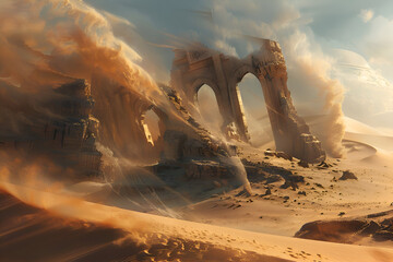 Majestic desert landscape with colossal stone arches under a windy sky