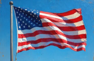 Fototapeta premium American flag waves against bright blue sky. Red white stripes and blue field with stars rendered in impressionistic paint style. Textured artwork suggests freedom and patriotism.