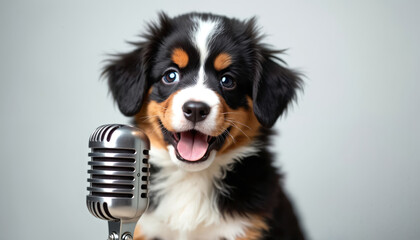 Fototapeta premium Cute baby Bernese mountain dog puppy sings into vintage microphone. Happy young dog performs in studio, makes music sound with voice. Adorable small canine pet entertains, shares song.