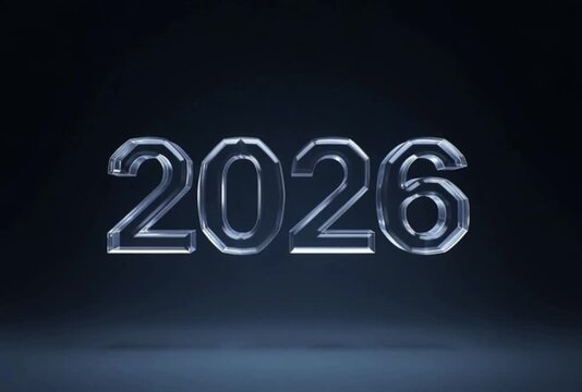 Minimal glass number 2026 with soft reflections representing New Year celebration, fresh beginnings, future goals, and modern seasonal concept.