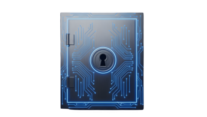 3D Secure Vault Door Icon with Keyhole and Circuit Traces Blue Rim Light Isolated on Transparent Background PNG

