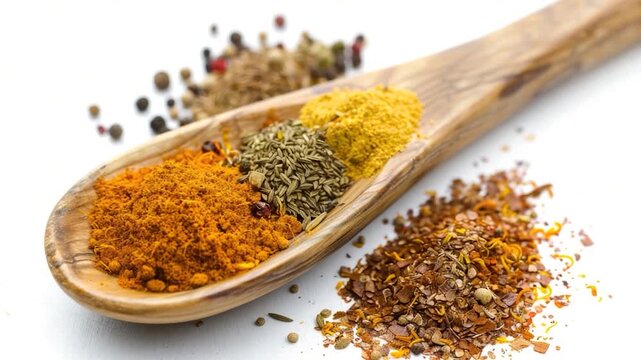 Video A wooden spoon filled with various spices for cooking and flavoring
