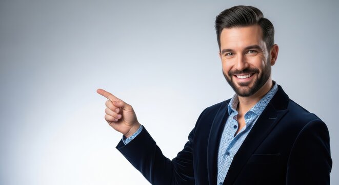 Confident man pointing to the left with smile