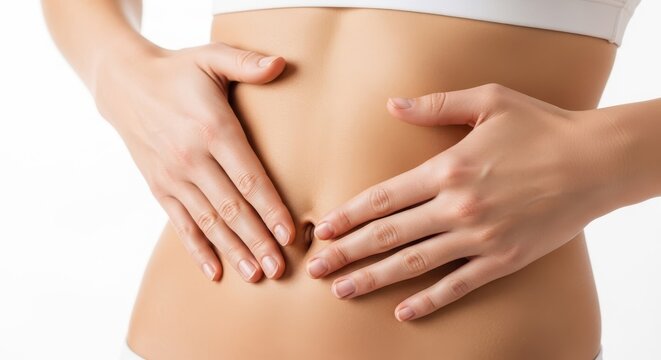 Woman's Toned Midsection with Hands Gently Touching Belly