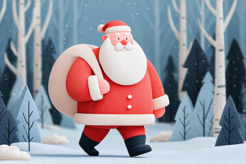 Cute Santa Walking in Winter Forest