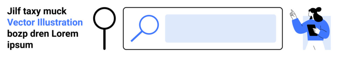 Fototapeta premium Online search, digital information, data exploration, analysis, user interface, technology interaction. Magnifying glass near search bar and person holding clipboard. Online search and digital