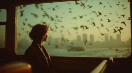 Mujer mirando al horizonte desde el barco, Silueta femenina con bandada de p&aacute;jaros y ciudad al fondo, Imagen para campa&ntilde;a de turismo urbano sostenible