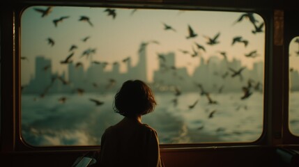 Silueta de chica en barco con vista a la ciudad, Mujer mirando gaviotas desde la ventana del barco, Imagen para campa&ntilde;a de turismo de experiencias