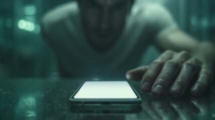 Mano tocando la pantalla de un m&oacute;vil, Concepto de ciberseguridad y privacidad digital, adicci&oacute;n a redes sociales, adicto al m&oacute;vil, Persona obsesionado con el smartphone 