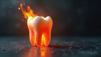 Orange tooth burns with bright flames and sparks. Fiery dental concept art with glowing roots and white enamel top. Intense visual representation of pain or treatment.