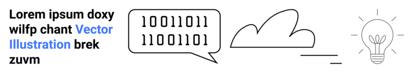 Digital transformation, creativity, innovation, cloud storage, problem-solving, data communication. Binary code in speech bubble with cloud and lightbulb. Technology and creativity concepts © robu_s