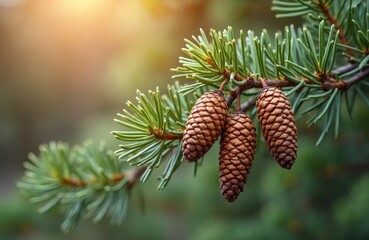 Fototapeta premium Pine tree branch with male cones, showing detailed texture and green needles. Golden sun rays illuminate scene, highlighting natural growth and forest environment. Close up view.