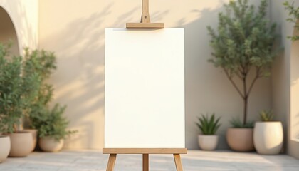 Blank wedding sign mockup on wood easel outdoors. Neutral tones create calm ambience. Beige, cream, grey plants, wall for custom text. Ready for your design.