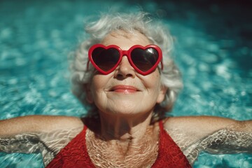 Mujer madura con gafas de sol rojas en forma de coraz&oacute;n en la piscina, Retrato de una se&ntilde;ora mayor con gafas de sol disfrutando de un ba&ntilde;o refrescante, disfrutando de la jubilaci&oacute;n